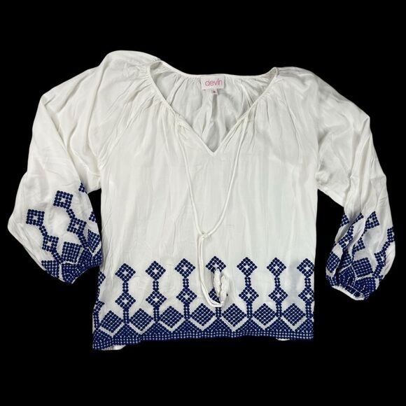 Devlin Boho Embroidered Long Sleeve V-Neck Women Top Medium White/Blue - Picture 2 of 6